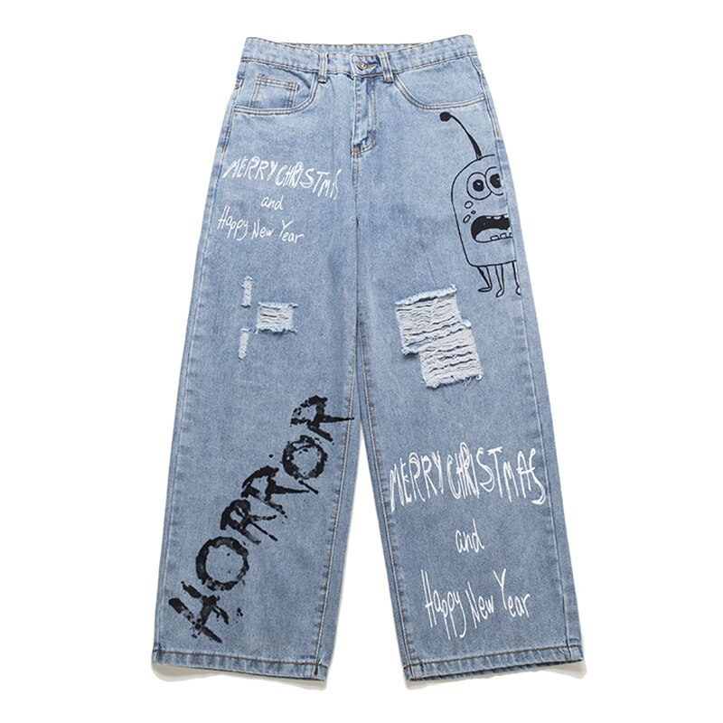 Graffiti print afslappet baggy beskadiget denim jeans hip hop hipster streetwear bukser mænd ødelægger punk rock bukser mandlige en -c026