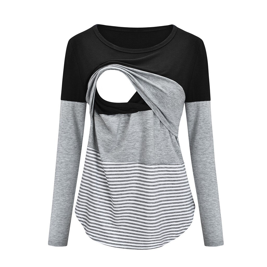 Women Breastfeeding Clothes Maternity Long Sleeve Striped Nursing Tops Female Casual Plus Size For Nursing Mothers Clothes: Black  / XXL
