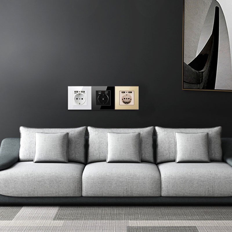 EU Standard Electrical Socket with USB Ports 16A Wall Charger Adapter Power Outlet 86*86mm Room Sockets PC/Glass Panel Optional