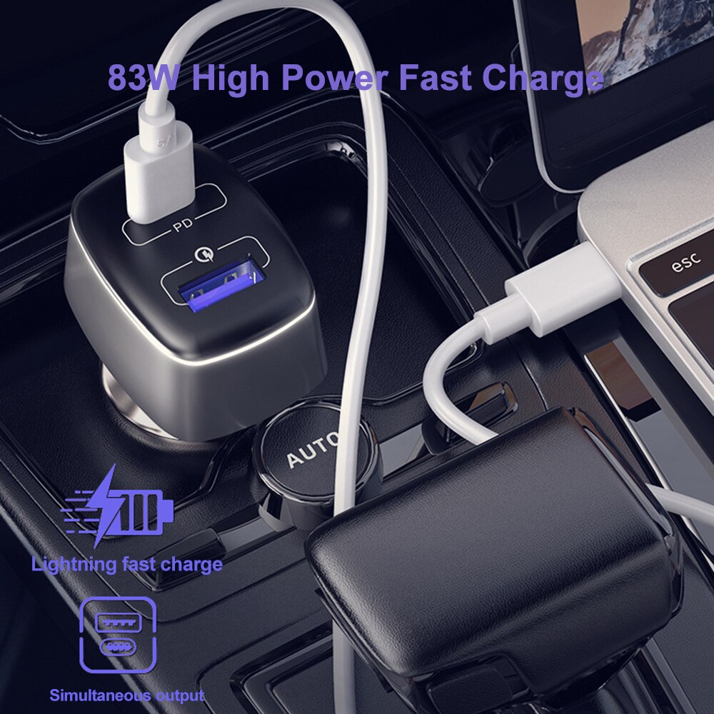 WOTOBE – chargeur de voiture super rapide à 2 ports 83W, adaptateur secteur USB C PD 60W 20V, 1 5A QC3.0/AFC/SCP 22.5W pour téléphones et ordinateurs portables