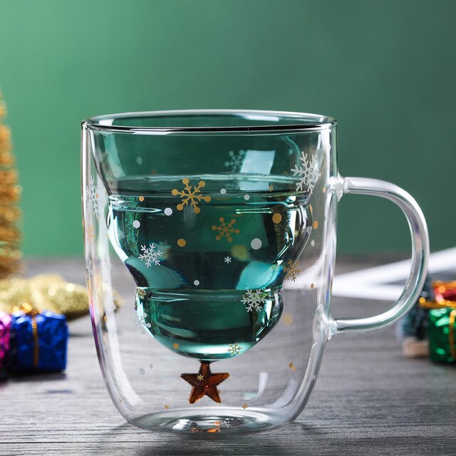 Christmas Mug Double Layered Anti Scald Glass Tree with Lid Glass Cup High Temperature Coffee Wishing Cup Xmas: No lid