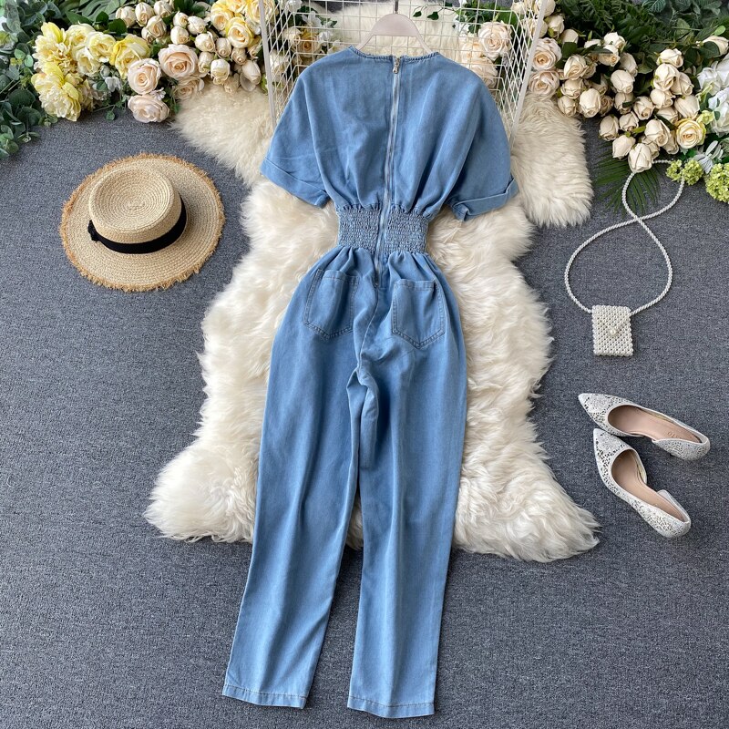 Combinaison Jean bleu uni pour femme, col en v, manches chauve-souris, taille élastique, tunique Jean, salopette décontracté
