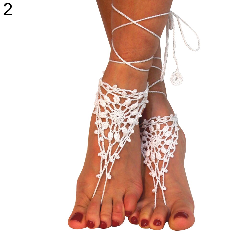 Sexy Lady Cotton Knit Haak Barefoot Sandalen Enkelbandje Ketting Voet Armband: White