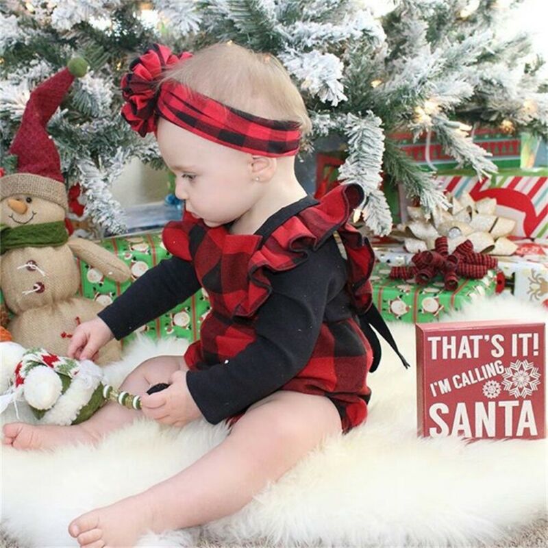 Pudcoco Navidad Plaid Bodysuit para recién nacidos bebé niño niña Navidad comprobaciones cortas volantes manga mono Playsuit diadema traje