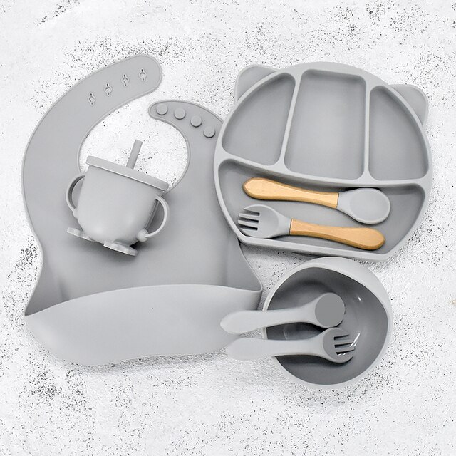8PC Baby Silicone Sucker Plate Bowl Cup Spoon Fork Placemat Sets Food Grade Children&#39;s Compartment Training Dishes With Sucker: Panda Grey