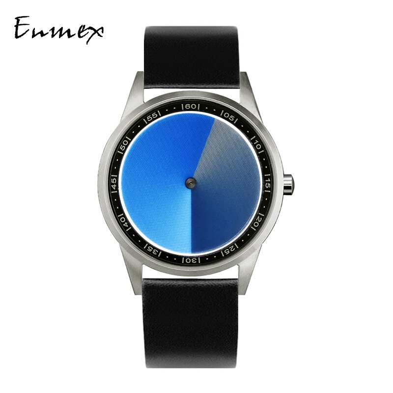 Enmex Blue code men's wristwatchcreative stainless steel case Transform blue face quartz clock watch: black leather
