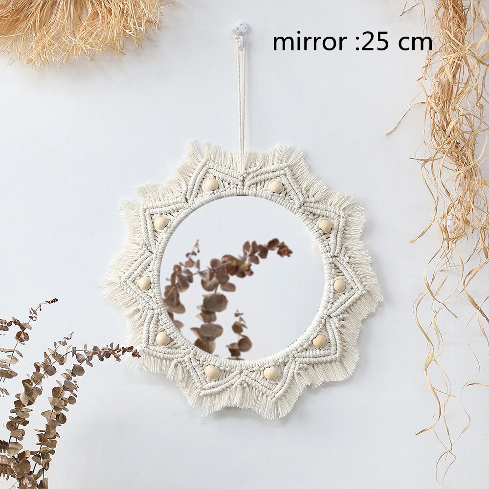 Pyöreä makrameen koristeellinen seinäpeili boho-kodin sisustukseen meikki esteettinen olohuone makuuhuone jouluhääkoristelu: 25 cm peili