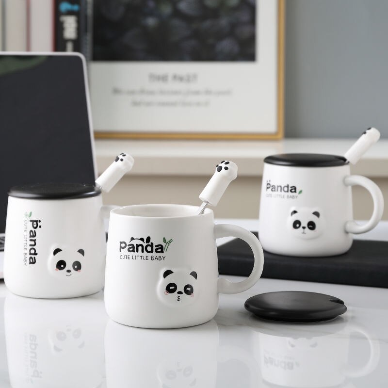 380ml Cartoon Panda Ceramic Mug Glass Cute Couple Cup Coffee Milk Cup Office Cup with Lid Spoon Girl