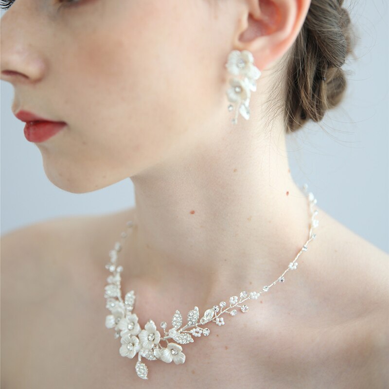 Delicate Bridal Sieraden Sets Porselein Bloem Vrouwen Ketting Oorbellen Set Wedding Party Tiara Accessoires