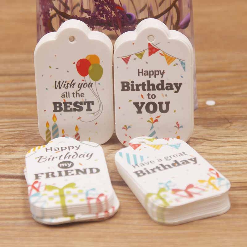 100pcs Happy Birthday Tag White Hang Tag DIY Paper Label Tag Garment Tags Party Paper Box Packing Label Cards