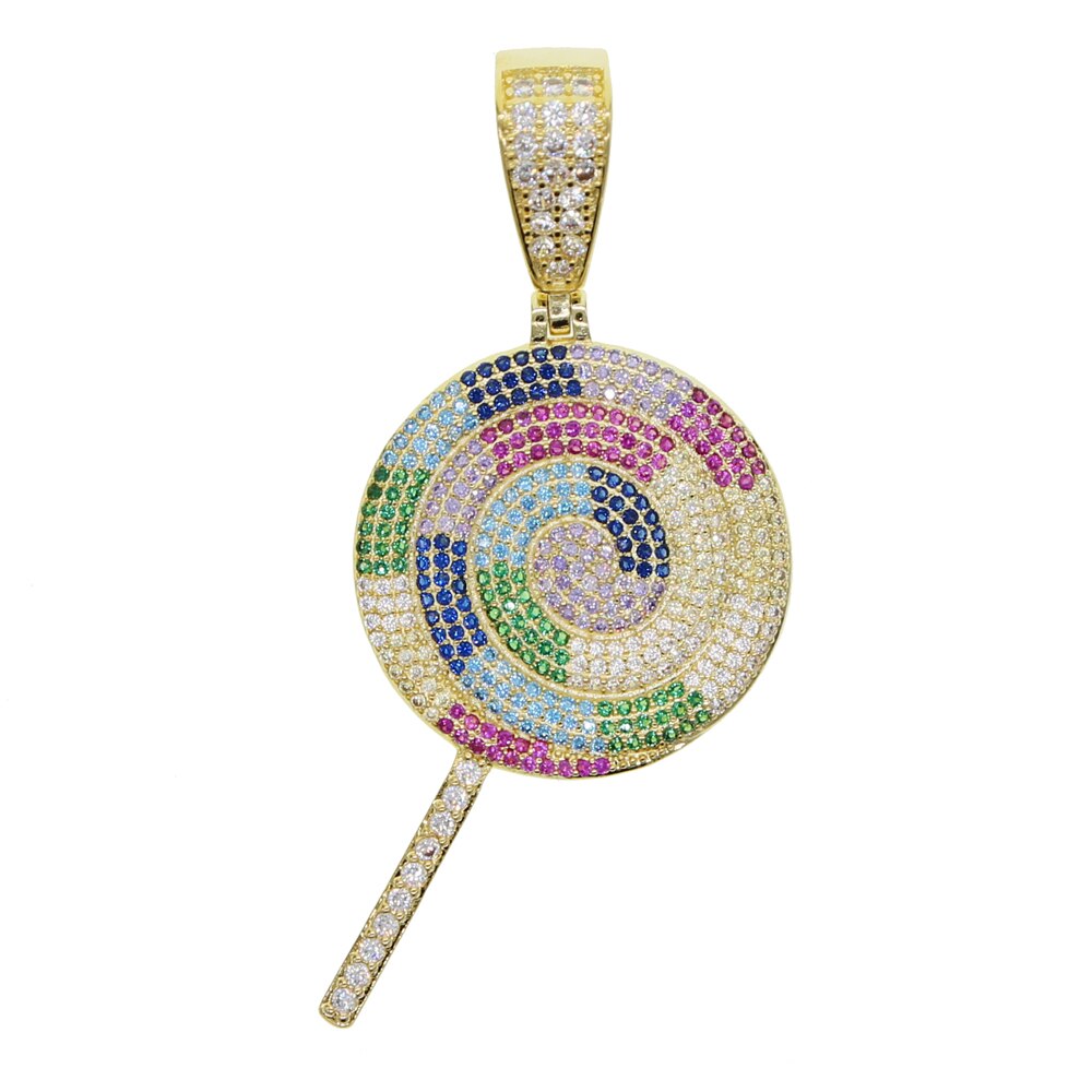 Hip Hop Bling Multicolor Lollipop Pendant Necklace Iced Out Bling 5A Cubic Zircon Tennis Chain Necklace For Women Men Jewelry: Gold Pendant