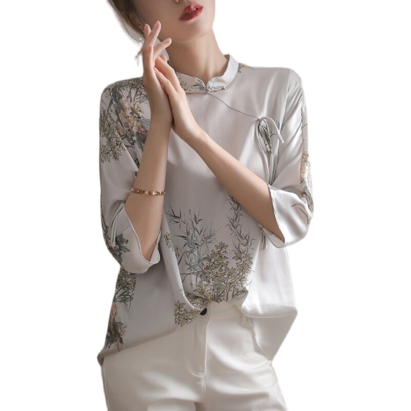 2022 chinesische stil cheongsam bluse die Seide Satin- qipao oben Seetang-anzug oben stehkragen elegante traditionelle hanfu bluse