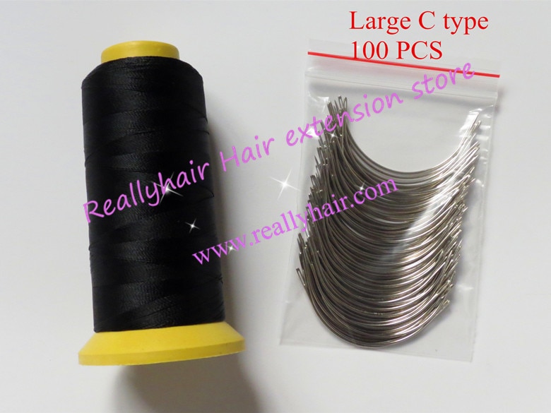 Gratis bezorging 100 stks grote type c haar weven naalden gebogen naalden met 1 roll zwarte draad nylon weven draad