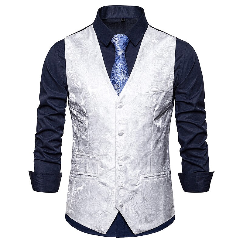 White Paisley Suit Vest Men Brand Slim Fit Single Breasted Vest Waistcoat Men Party Wedding Dress Vest Chaleco Hombre