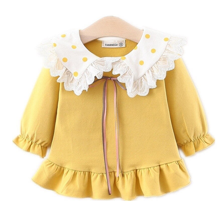 Baby Meisjes Revers Zoete T-shirt Herfst Baby Katoen Dieptepunt Vrouwelijke Pop Jurk Met Lange Mouwen Kinderkleding Kinderen
