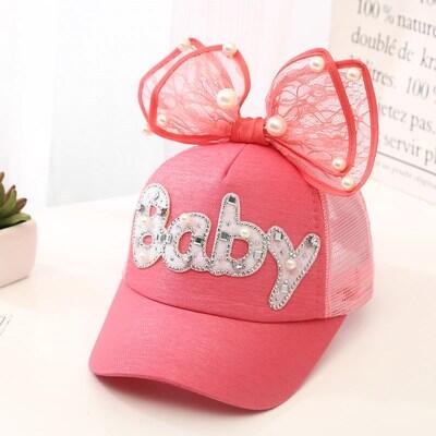 Cute Big Bow Girls Snapback Baseball Cap Children Mesh Hat Spring Summer Adjustable Snapback Casquette Kids Baby Pearl: Net cap rose red