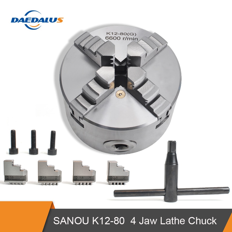 SANOU K12-80 4 Jaw Lathe Chuck Self-centering 80mm with Hardened Steel For Mini Lathe