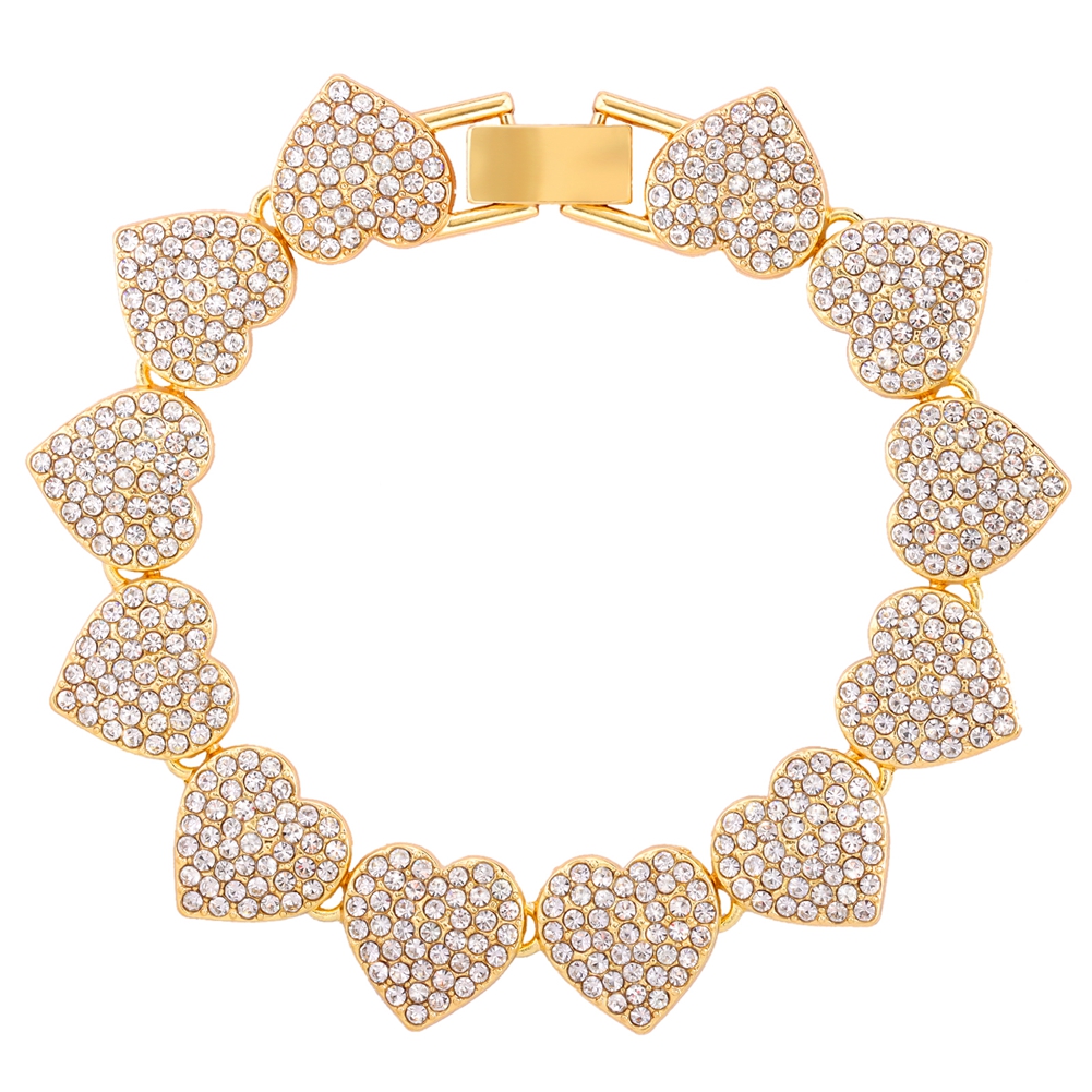 Crystal Heart Cuban Link Ketting Armband Voor Vrouwen Full Strass Hiphop Luxe Bling Chunky Armband Bruiloft Sieraden Cadeau: Licht Geel Goud Kleur