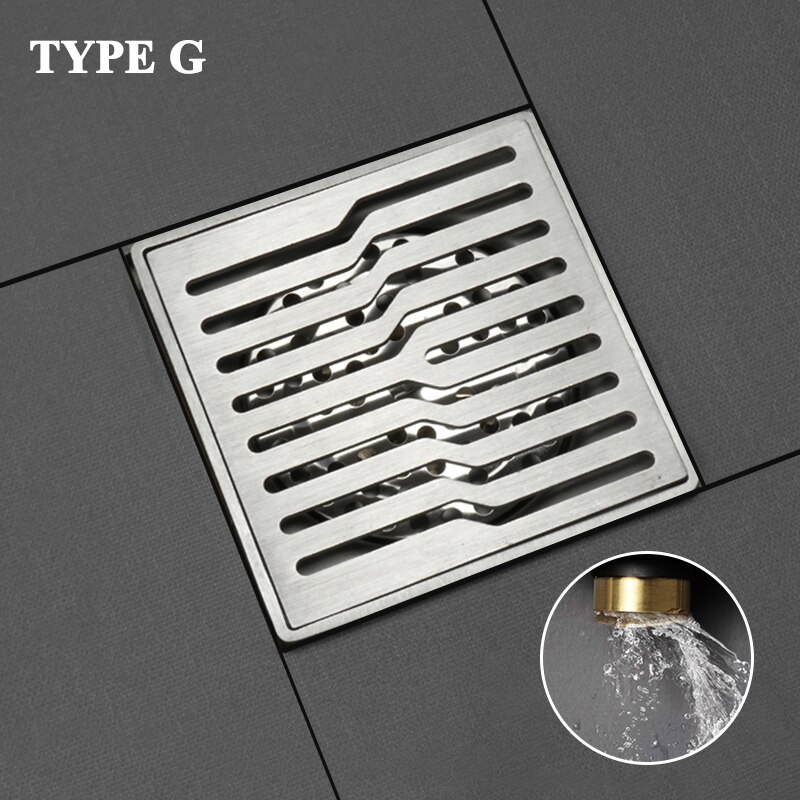Desagüe de suelo de acero inoxidable SUS304 para cocina y baño, rejillas cuadradas duraderas para residuos, desagües de ducha de baño, 10x10 CM: Type G