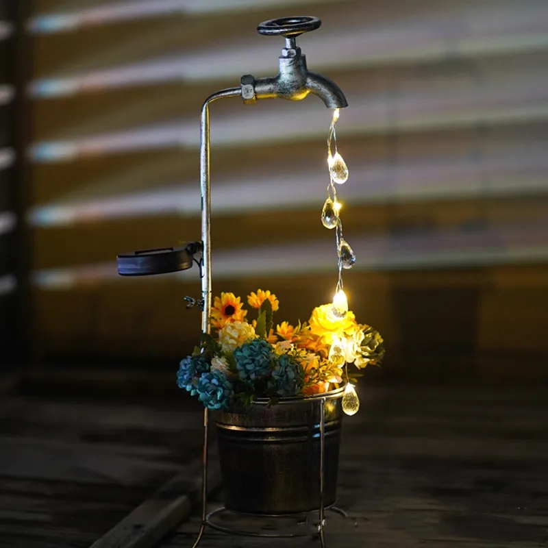 Solar- Wasserhahn Lichter LED Eisen Pflanzer Laterne wasserdicht Hof draussen Garten Dekoration draussen Landschaft Absperr hahn Lampe: Wald grün