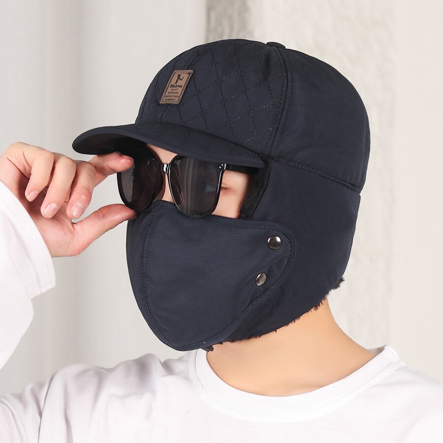 Men Ear Protection Hat Winter Warm Plush Male Bomber Hat Gray Man Adjustable Ear Flaps Brim Cap And Mask Women Cap: Navy Blue