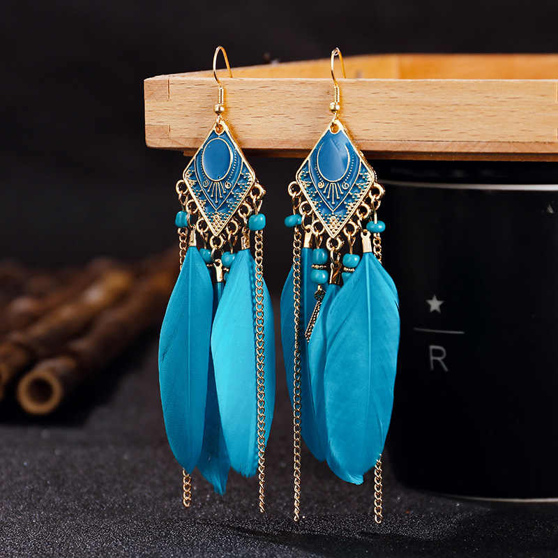 Etnische oorbellen met veren, damessieraden, bohemian zomerse metalen oorbellen met lange kwastjes, indiase sieraden: Dx027-2