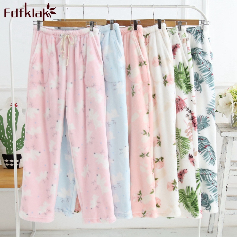 Fdfklak salong løs pysjamasbukser kvinner flanell tykkere søvnbuksetrykk høst vinter hjemmebukse varme pyjamasbukser bukser