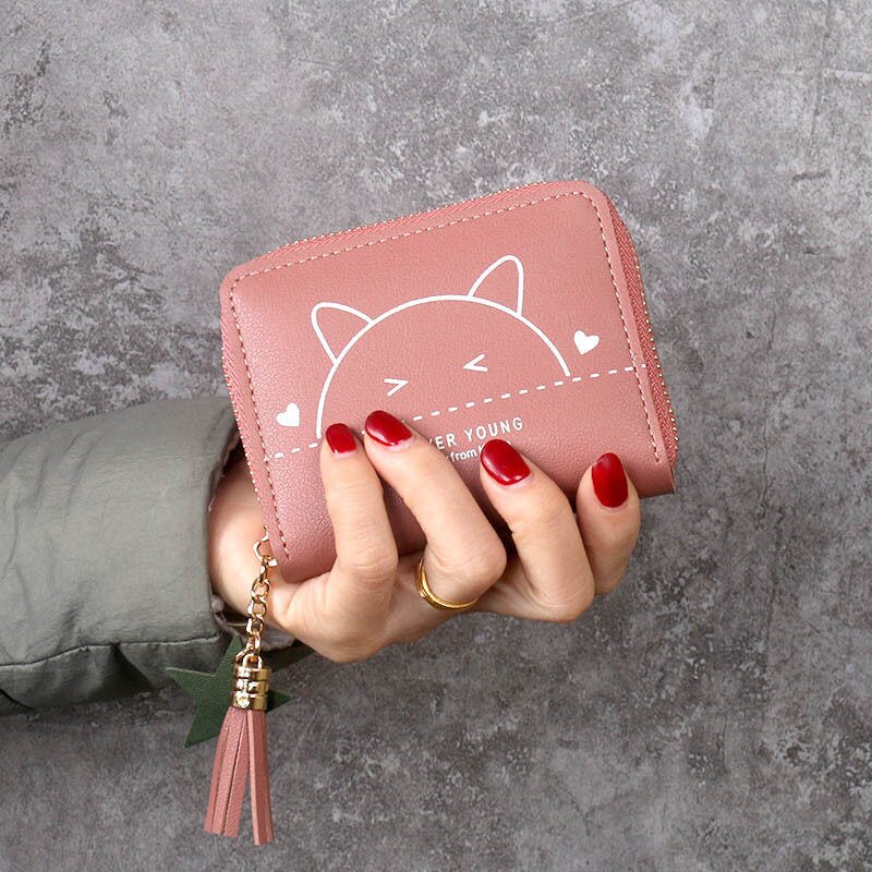 Damen-geldbörse mit niedlicher katze, kleine quaste, mädchen-geldbörse, marken-pu-leder, damen-münzfach, damen-kartenetui: Wassermelonenrosa