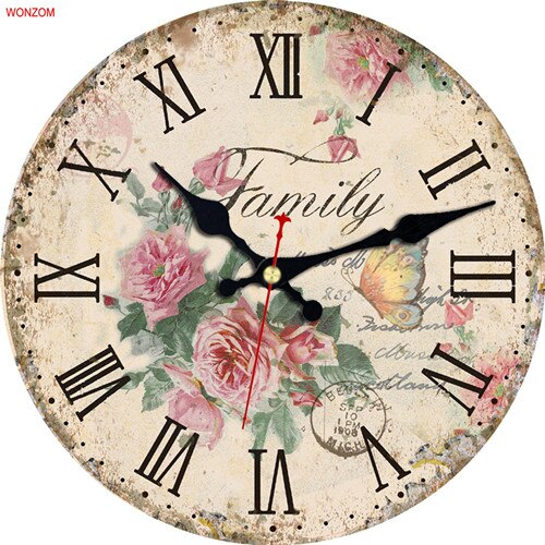 Reloj de pared redondo de madera con de flores y flores, reloj de pared redondo decorativo con de números arábigos, sin tic-tac, grande, para dormitorios y baño: 13352 / 14inch(34CM)