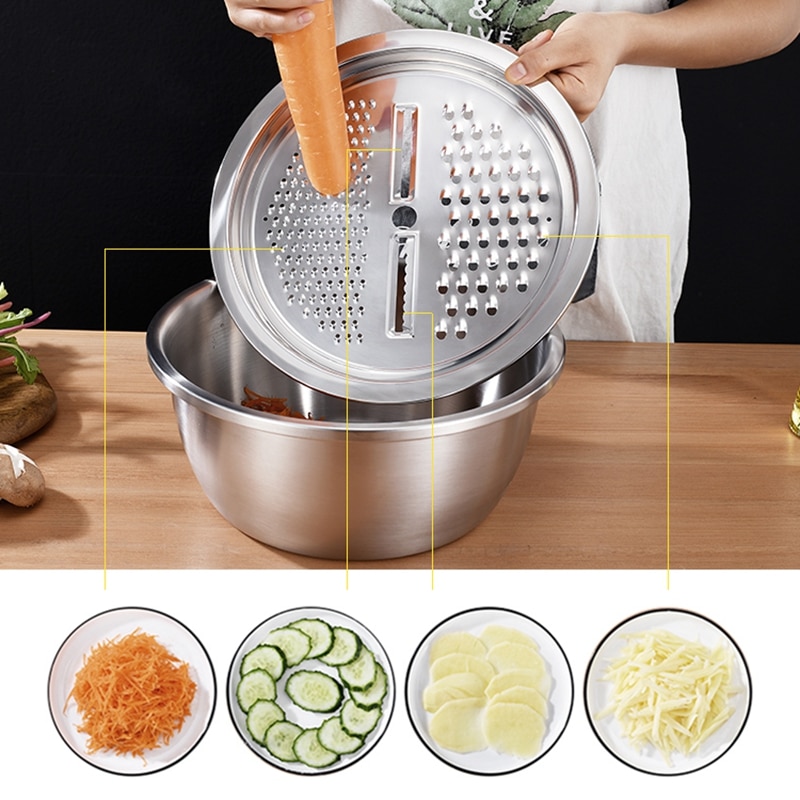 4PCS Set 304 Stainless Steel Bowl with Lid Kitchen Cooking Salad Mixing Bowls Set Washing Drain Basket Soup Basin Strainer