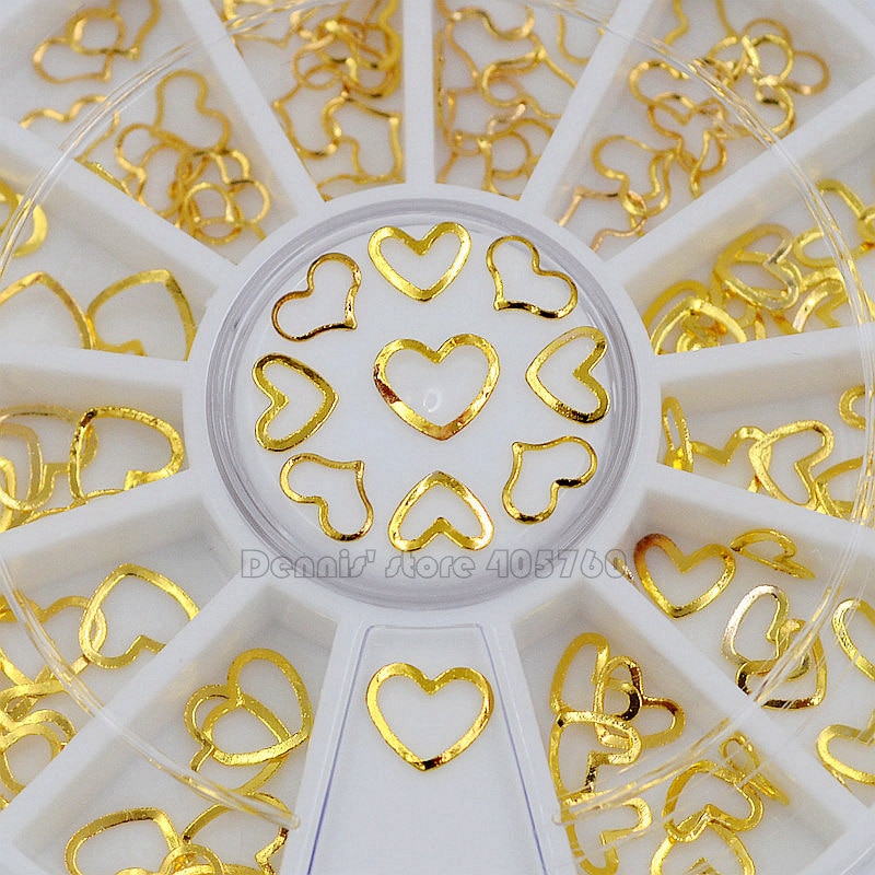 3D Mix 3 Maten Gold Hollow Hart Frame Vorm Klinknagels Legering Nail Art Gems Decals Steentjes Wiel DIY Tips
