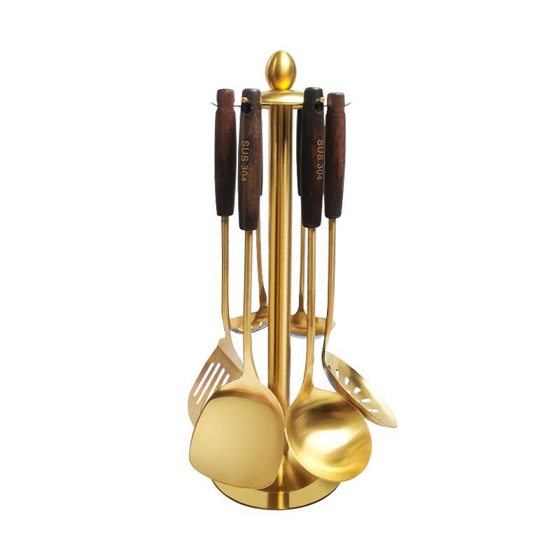 6 PCS Cooking Utensils Golden Stainless Steel Kitchenware Set With Wooden Handle Household Kitchen Cookware Sets Pot Accessories: 6pcs with rack