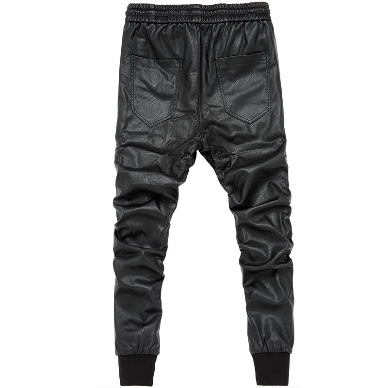 men streetwear leather pants casual slim fit washing locomotive pants mens feet Joggers