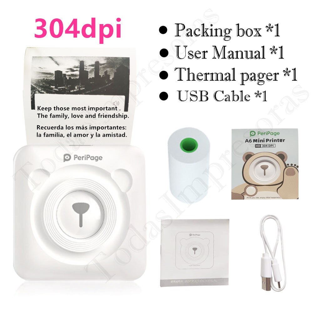 Peripage – Mini-imprimante thermique A6, 304dpi, Bluetooth, couleur marron jaune, téléphone portable, Android IOS,: A6 304 White