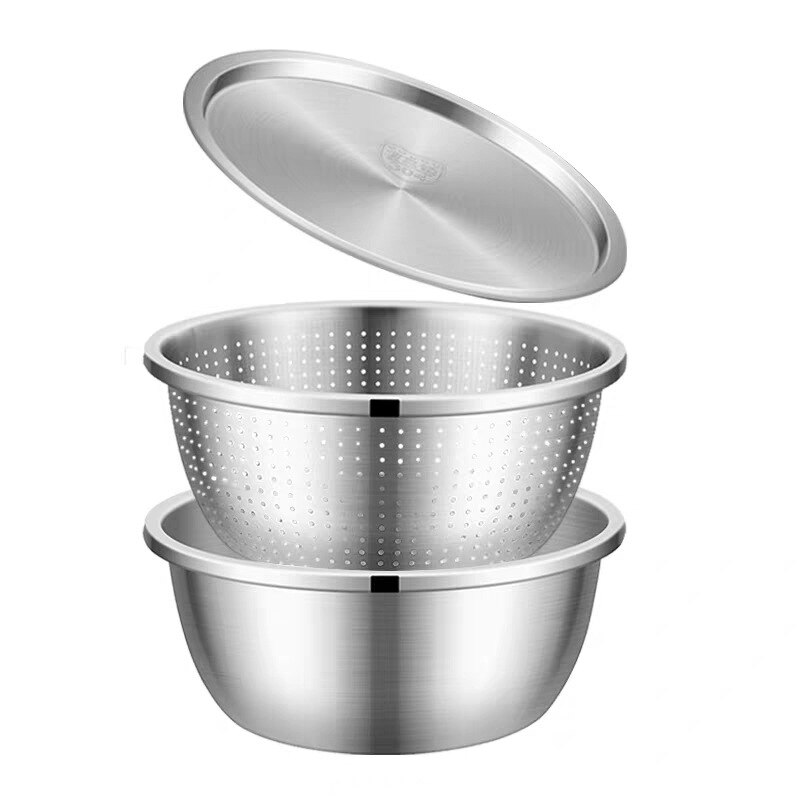 3Stck einstellen 304 Edelstahl Schüssel mit Deckel Sieb Küche Verdicken Kochen Salat Mischen Schalen einstellen Waschen Ablauf Suppe becken Schüssel: 30cm
