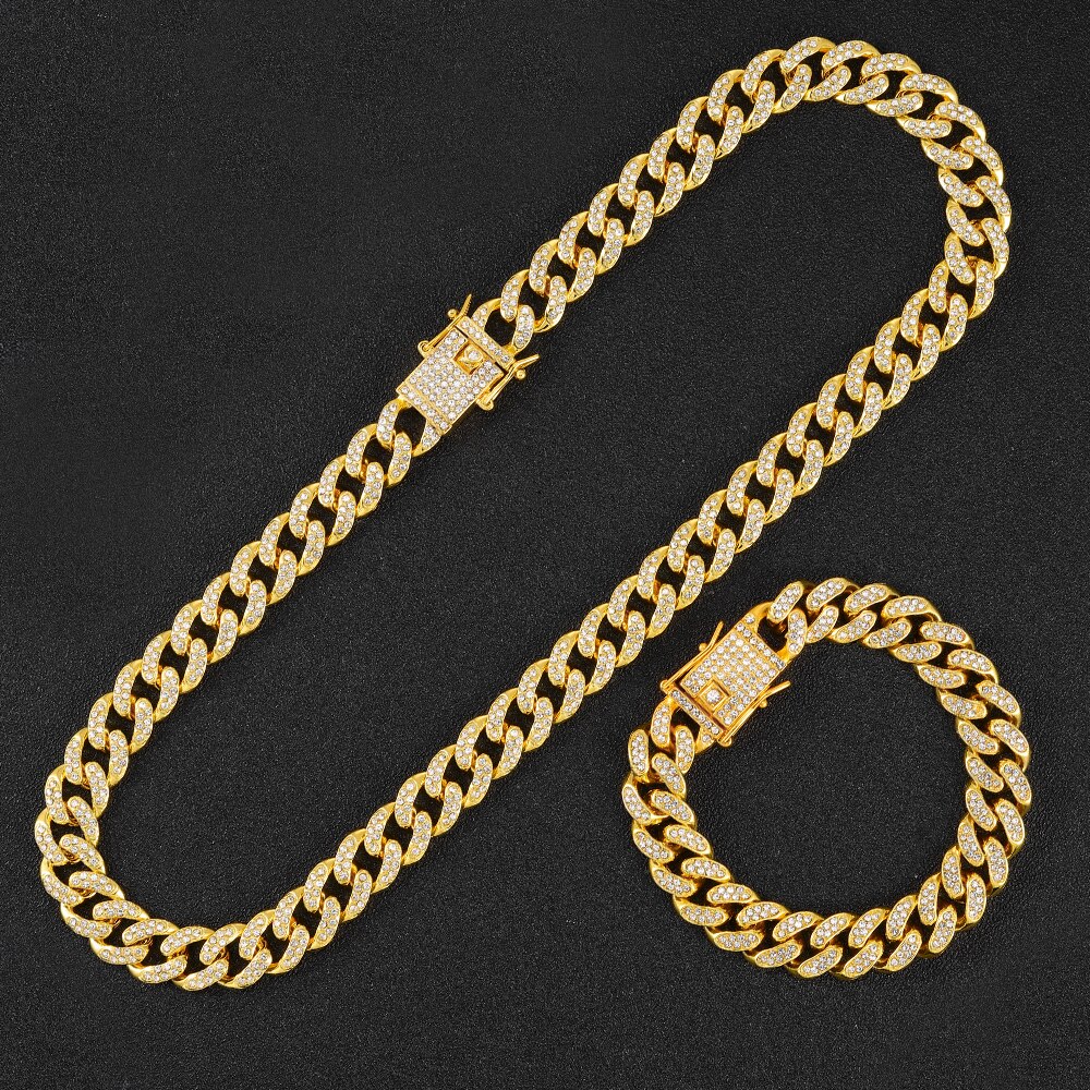 Men Hip hop Iced Out Bling Bling Chain Men 13mm width Miami Cuban Chain HipHop Necklaces Charm Jewelry: gold set / 20inch necklace