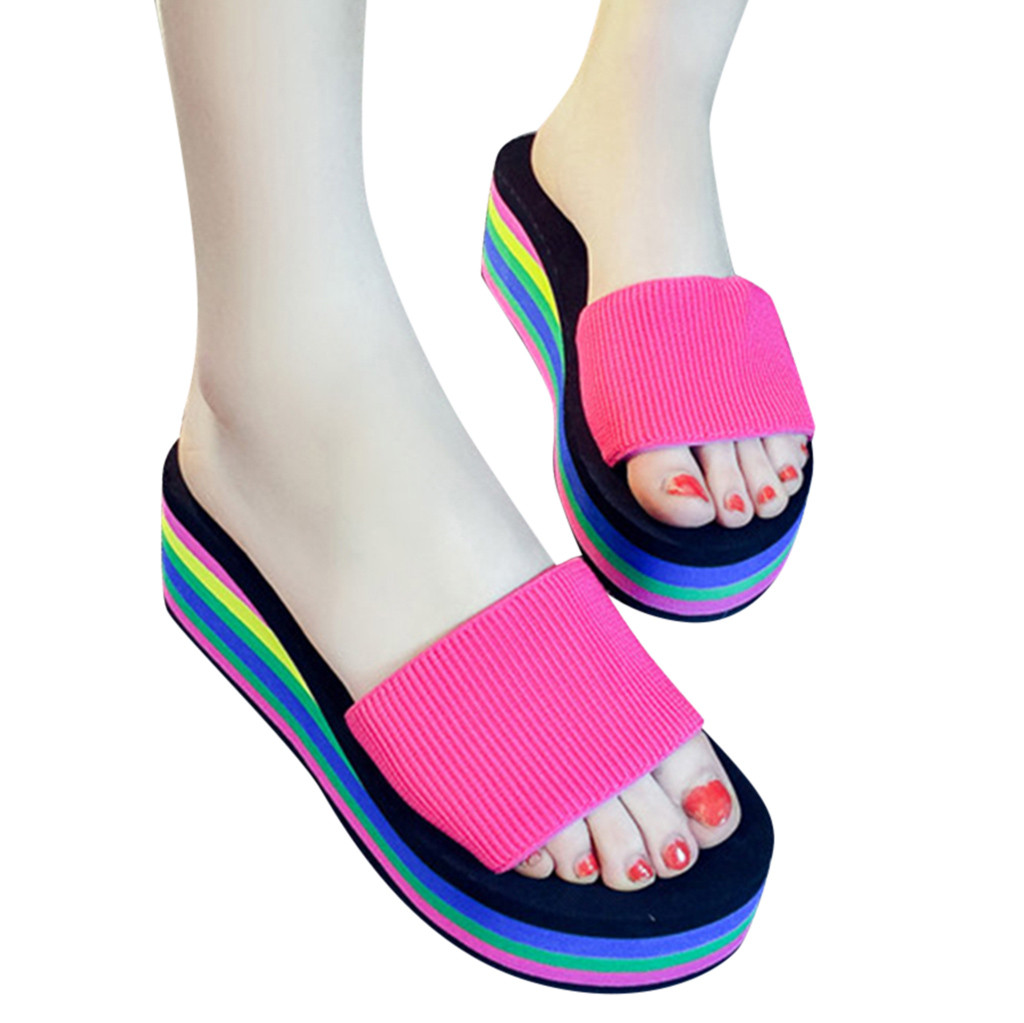Summer Women Shoes Wedge Waterproof Bath Slippers Wedge Beach Flip Flops Slippers Shoes Round Toe slipper shoe #373: Hot Pink / 36