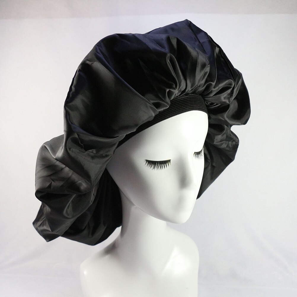 Extra Large Double Elastic Nightcap Silk and Satin Sleeping Nightcap Hair Organizing Hat (Black)