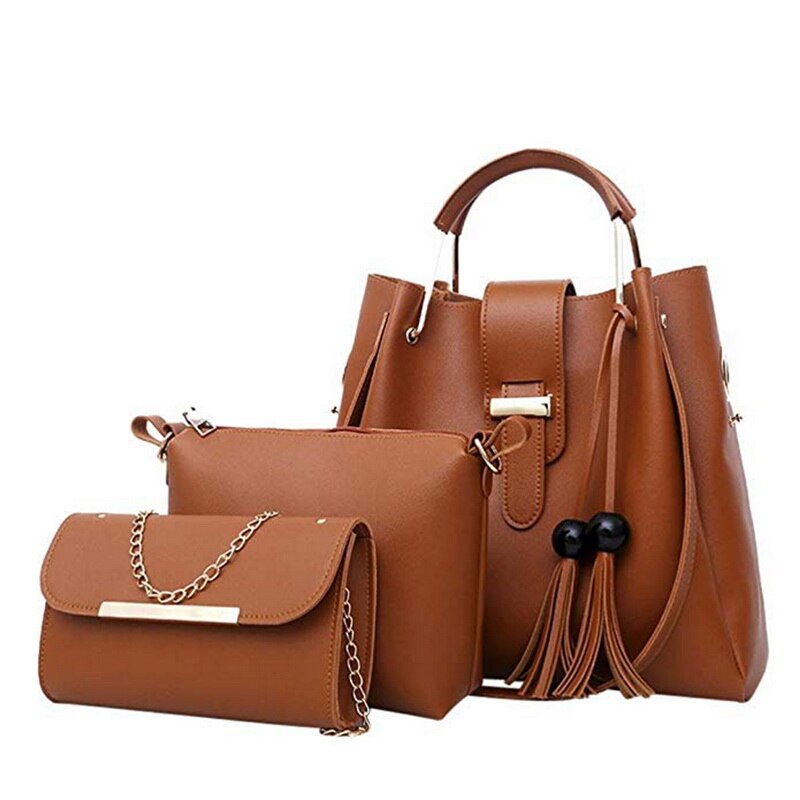 Sac 3 pièces femmes sacs à main ensemble sacs à bandoulière en cuir grande capacité Sac fourre-tout décontracté femme gland seau sacs à main et sacs à main: brown