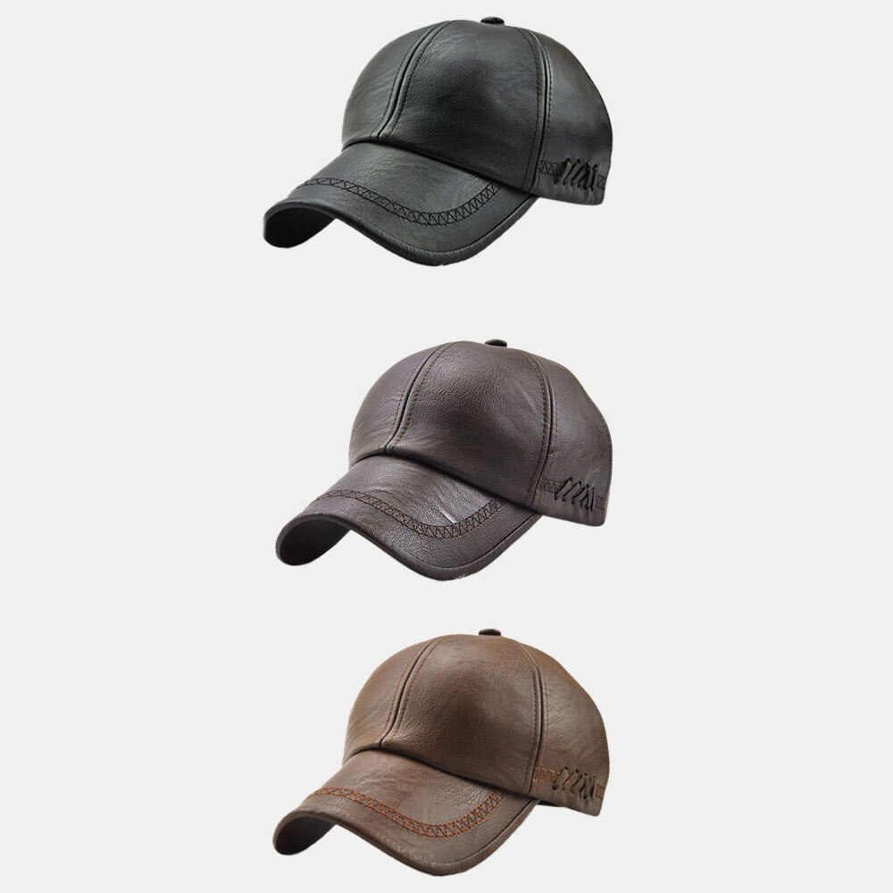 Justerbar forår vinter pu læder baseball caps til mænd solid pu læder herre kasket udendørs snapback hat sort brun vævet indretning