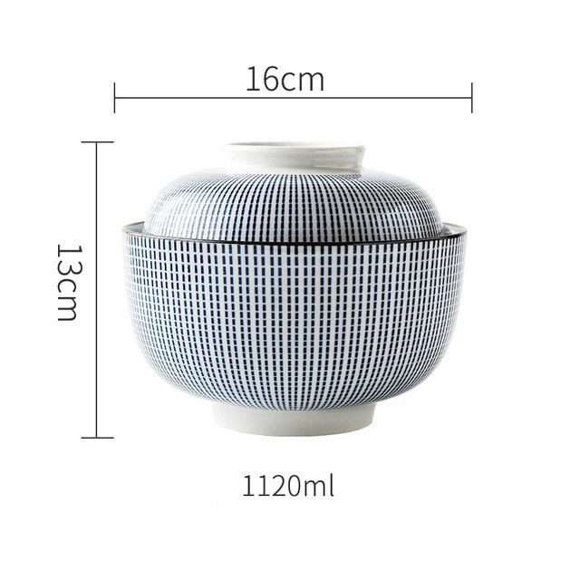 Cuenco de cerámica para sopa, tazón japonés de 4,5 pulgadas y 6,5 pulgadas con tapa, tazón de porcelana azul y blanca para arroz, tazón para sopa y estofado de: 6.5inch tureen A