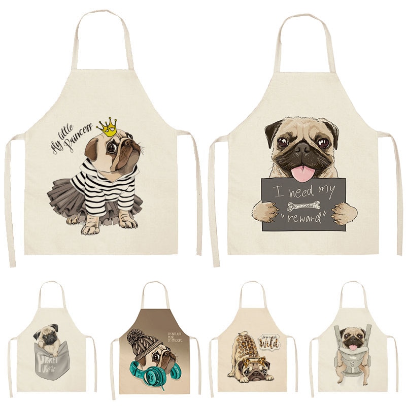 Nette Hund Mops Gedruckt Baumwolle Leinen Ärmel Schürze Küche Schürzen Frauen Hause Kochen Backen Taille Lätzchen Schürze 53*65cm WQL0152