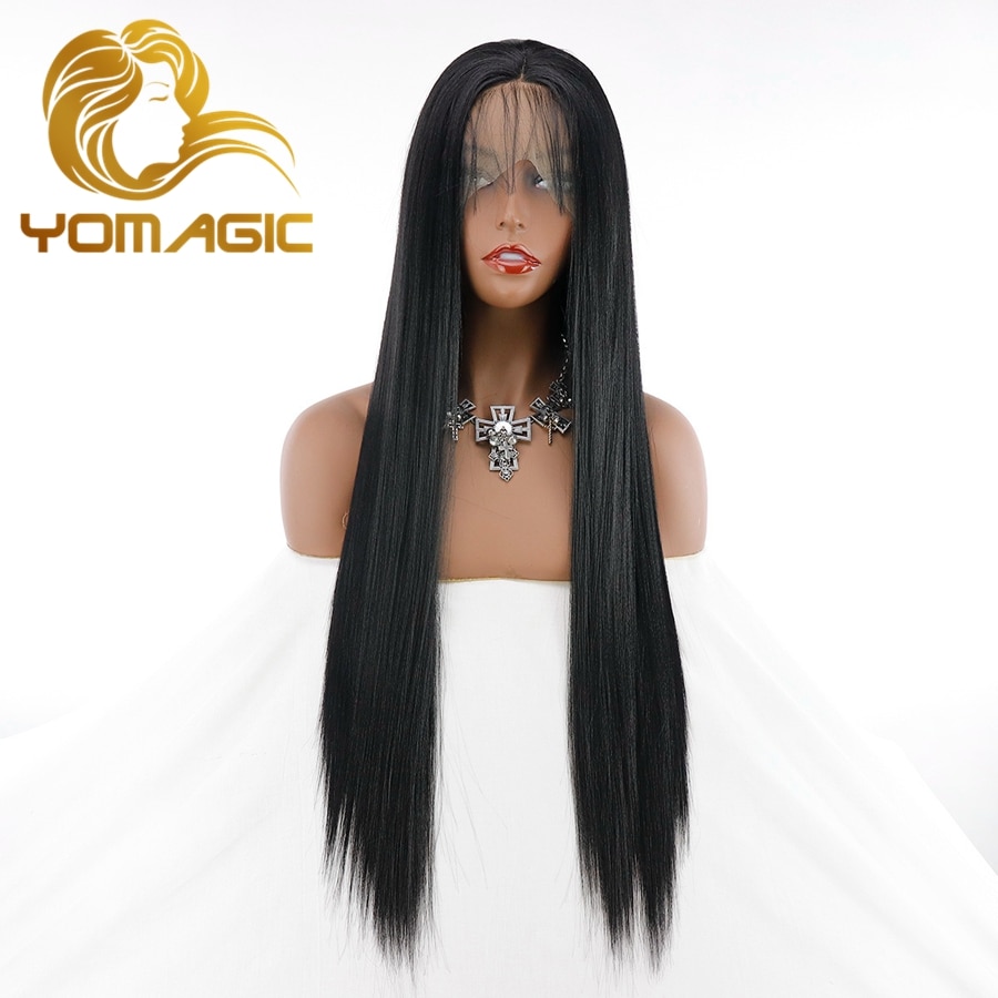 Yomagic Haar Yaki Rechte Kant Voor Pruiken Met Baby Haar Zwarte Kleur Synthetisch Haar Lijmloze Lace Pruiken Met Natuurlijke Haarlijn