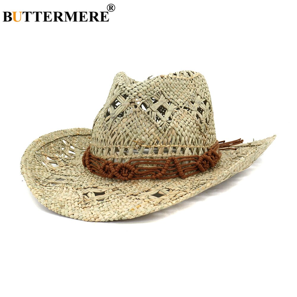 BUTTERMERE-Sombrero de vaquero occidental para hombre y mujer, sombrero para el sol hecho a mano, informal, de paja, ala ancha, accesorios de disfraz