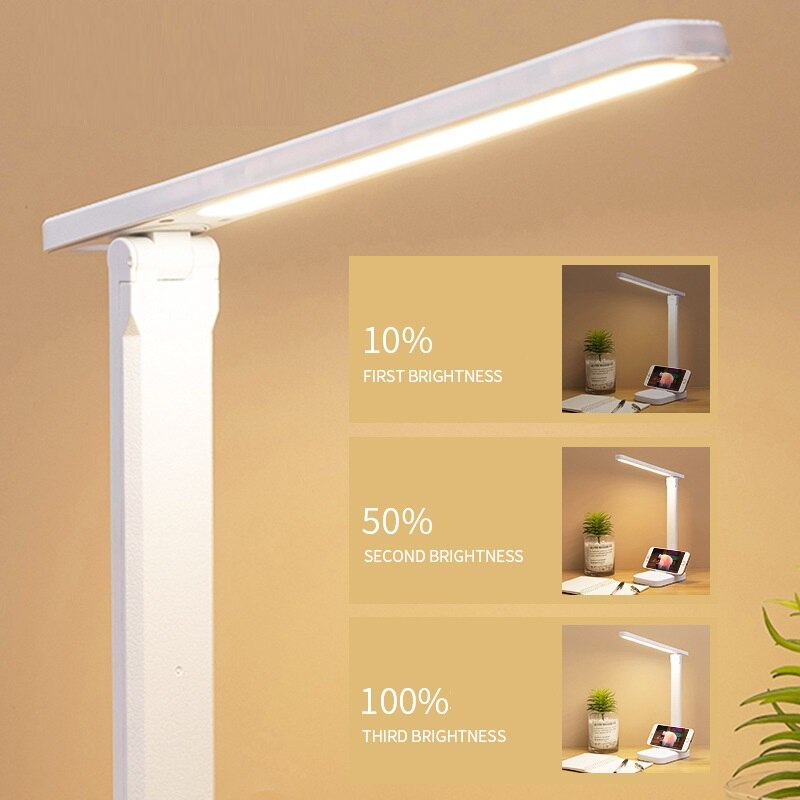 Led-berøringskontakt, hvid, foldbar skrivebordslampe, soveværelse, sengebordslampe, arbejdsværelse, læsning, øjenpleje, natlampe, usb-stik, dæmpbar, hvid skrivebordslampe