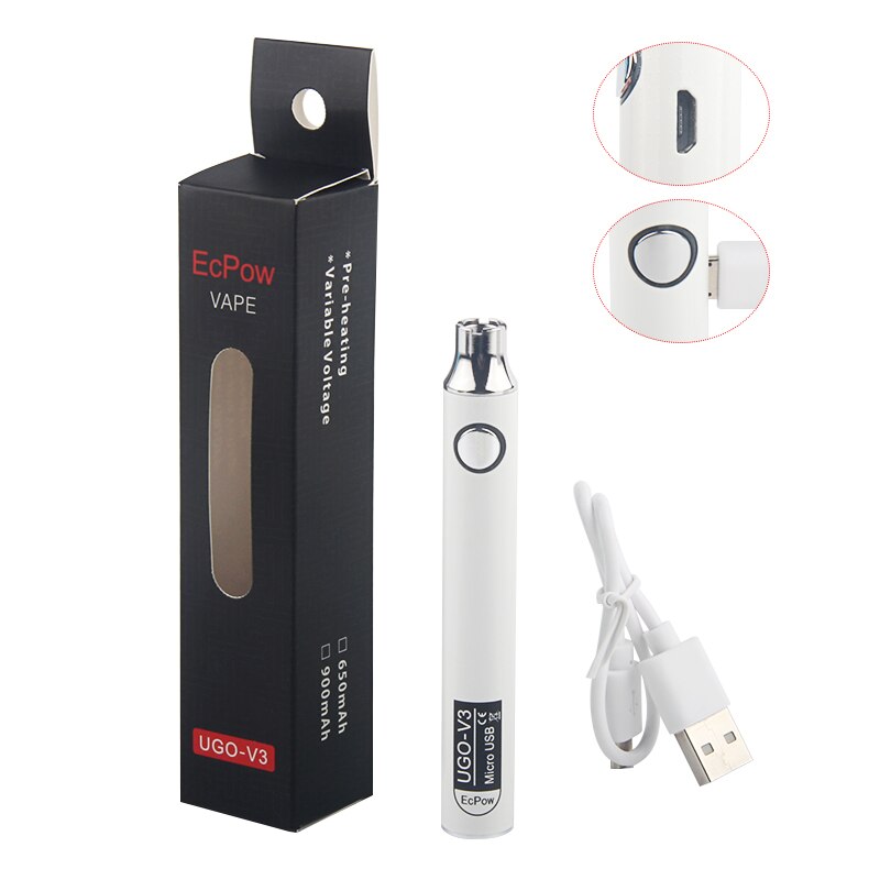 5Pcs Original UGO V3 510 Thread Battery With Micro USB Charger Preheat Variable Voltage Popular Pen For Thick Oil CBD Cartridge: White / 900mah