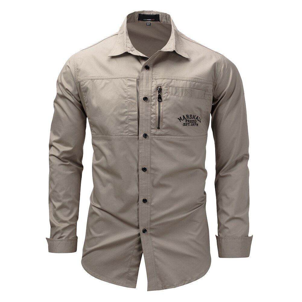 Lente Herfst Mannen Shirt Lange Mouw Effen Kleur Revers Rits Shirt Outdoor Casual Shirt Grote Maat: Khaki / XXXL