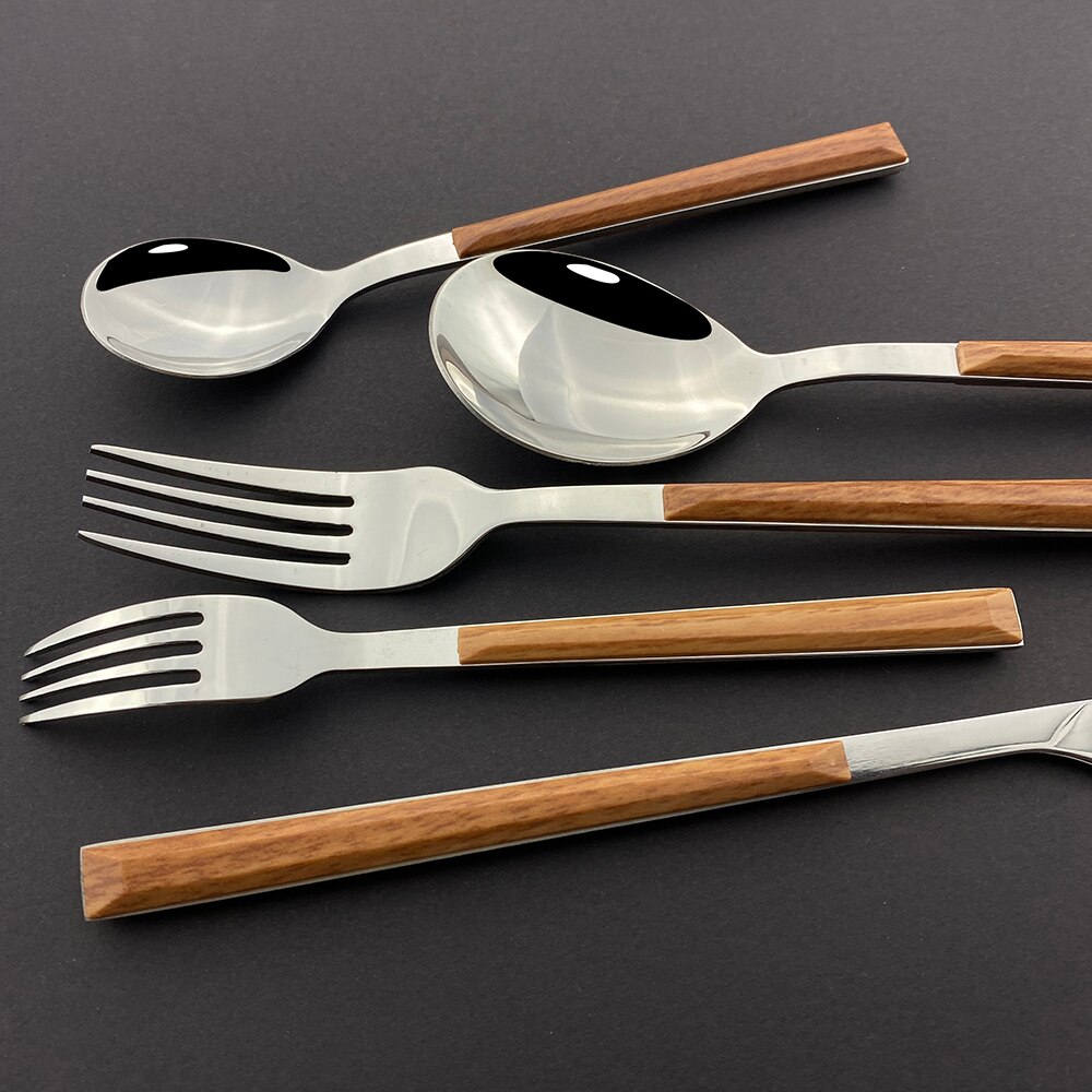 20Pcs Zilveren Houten Handvat Westerse Servies Set Roestvrij Stalen Bestek Set Mes Vork Lepel Theelepel Diner Servies Set