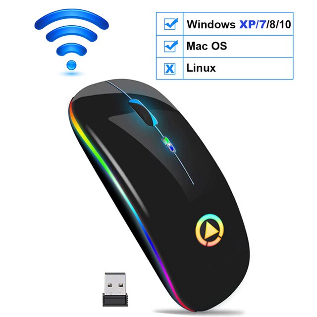 Sem fio gaming mouse 2400 dpi recarregável ajustável 7 cores backlight respiração gamer mouse jogo ratos para computador portátil: Wireless Black