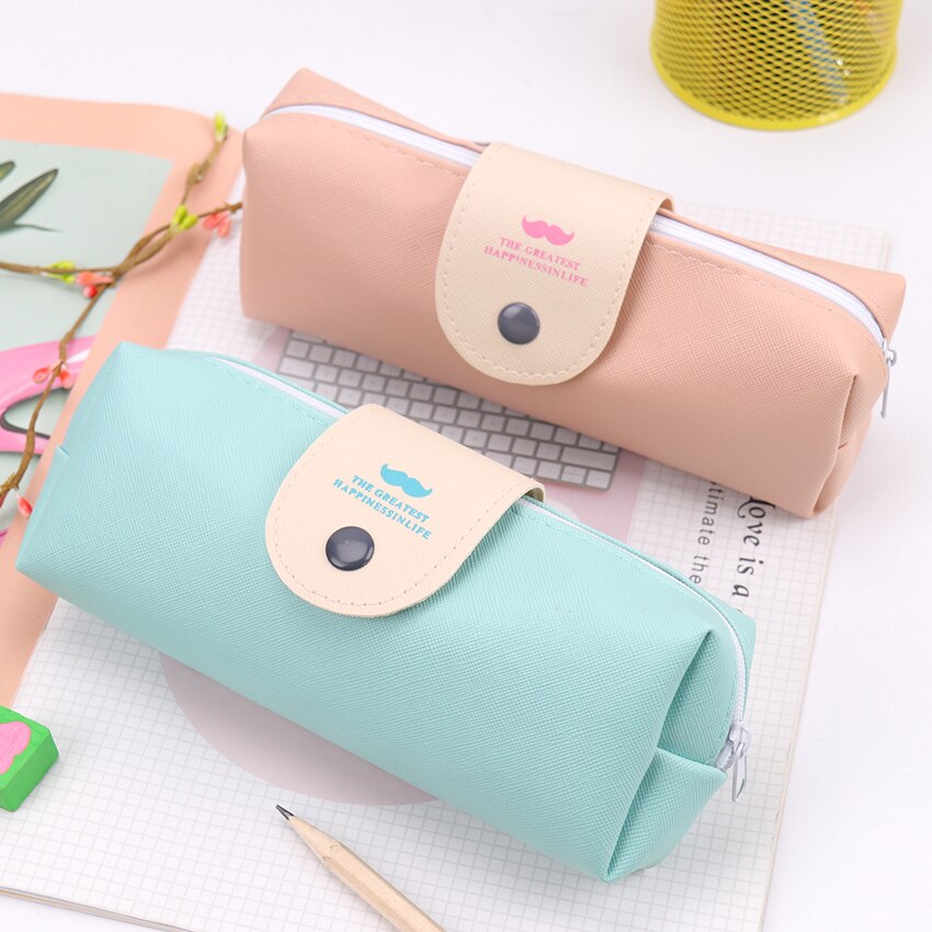 1PC Kleine Verse Mooie Candy Kleur Snor Patroon Pu Leer Potlood Tas Etui Kantoor School Briefpapier